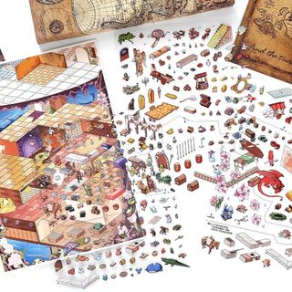 ENWEI 4 Cái [Dòng Lâu Đài] Nhãn Dán Phong Cảnh 3D Chống Nước Cực Lớn Dungeon Phiêu Lưu Phong Cách Hoạt Hình Cho Thêu Sò Nhật Ký Đồ Thủ Công DIY