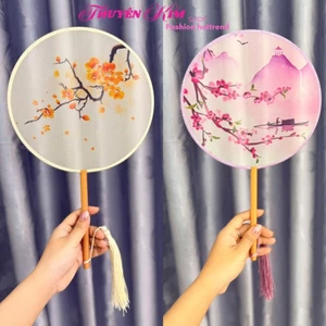 Quạt cổ trang phong cách Trung Hoa hoạ tiết Rose, Quạt tròn cầm tay phụ kiện thời trang