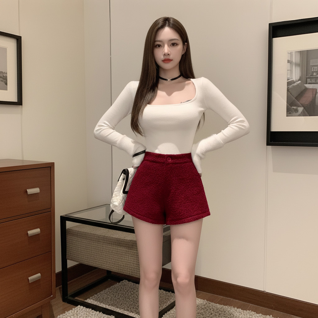 Quần Short Nữ BABEE Dáng Ngắn Lưng Cao Chất Lông Mềm Mịn Sang Trọng Quyến Rũ Phong Cách Hàn Quốc
