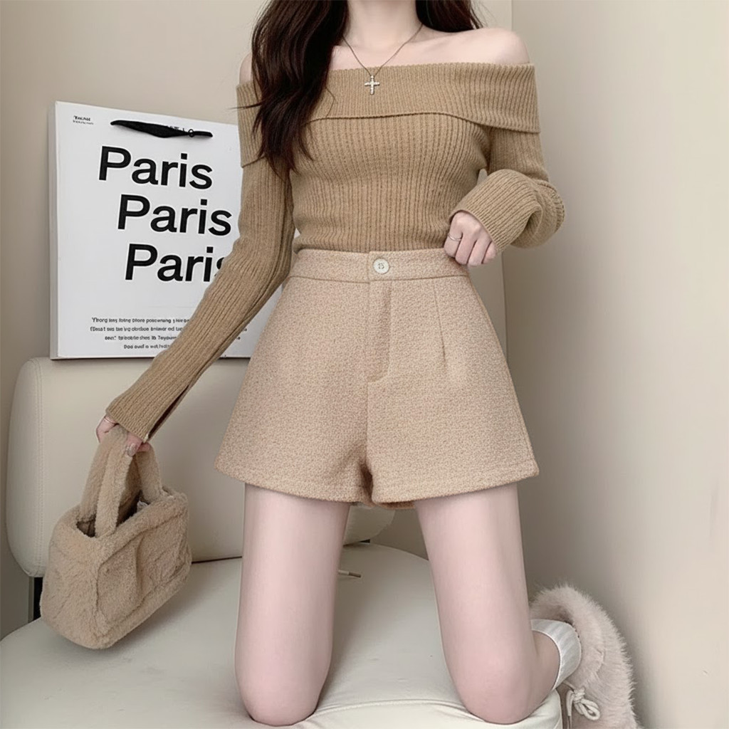 Quần Short Nữ BABEE Dáng Ngắn Lưng Cao Chất Lông Mềm Mịn Sang Trọng Quyến Rũ Phong Cách Hàn Quốc
