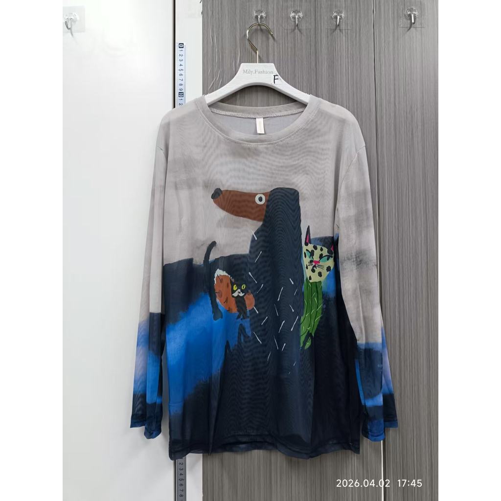 Milyfashion Áo Sơ Mi Nữ Mùa Hè Họa Tiết Động Vật, Tay Dài Ren, Cổ Tròn