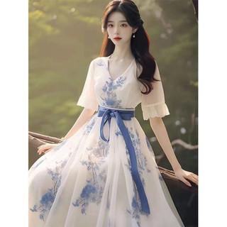 Váy trà hoa phong cách Pháp dành cho nữ, kiểu dáng cổ điển mới, tinh tế, tôn dáng eo, cổ chữ V, váy dài vừa