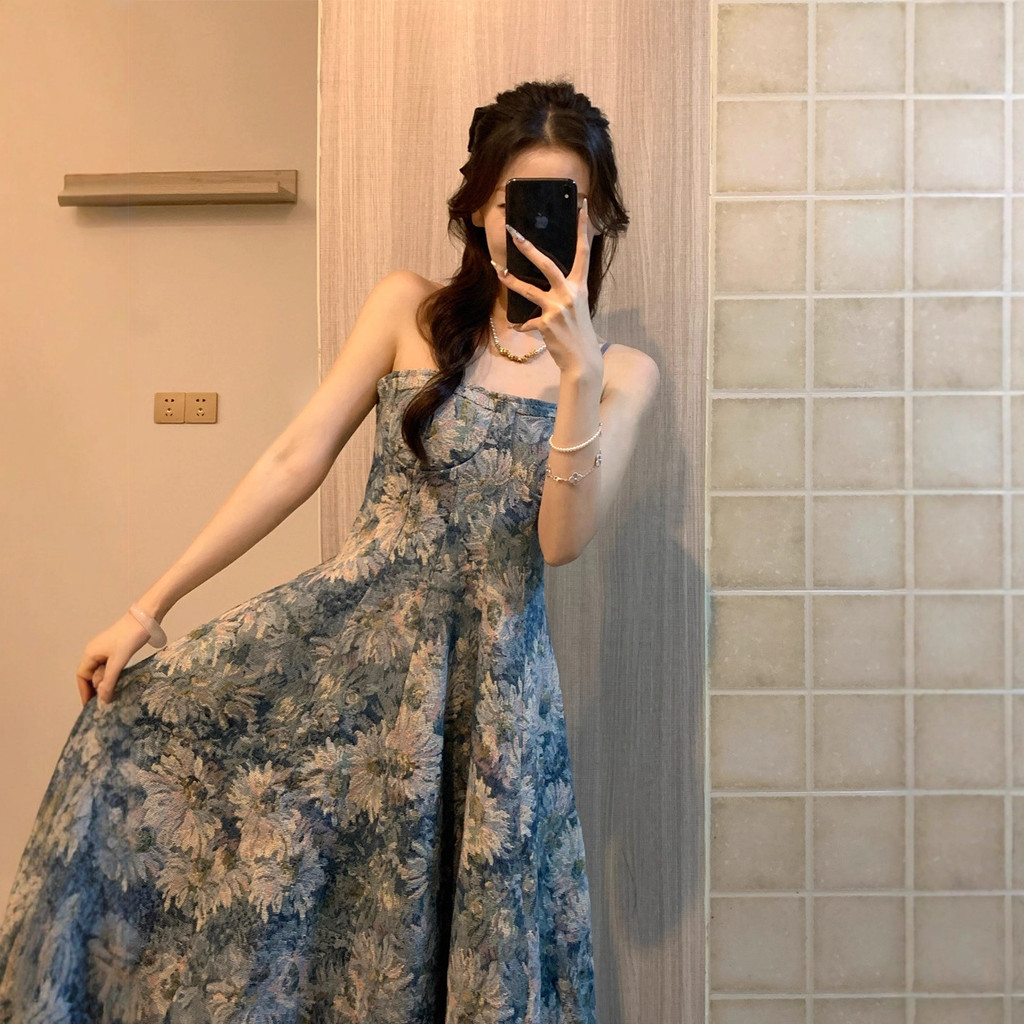 [Hàng có sẵn] Đầm nữ chất lượng cao Váy treo hoa cổ điển kiểu Pháp dành cho nữ Xuân hè thu đông eo mới Skinny và ngọt ngào
