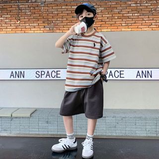 Set áo thun sọc + quần short bé trai – phong cách đơn giản Hàn Quốc, mỏng nhẹ thoáng mát, mặc hè