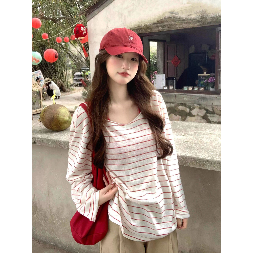 SUXI Áo thun dài tay sọc phong cách Hàn Quốc mới mùa hè 260409