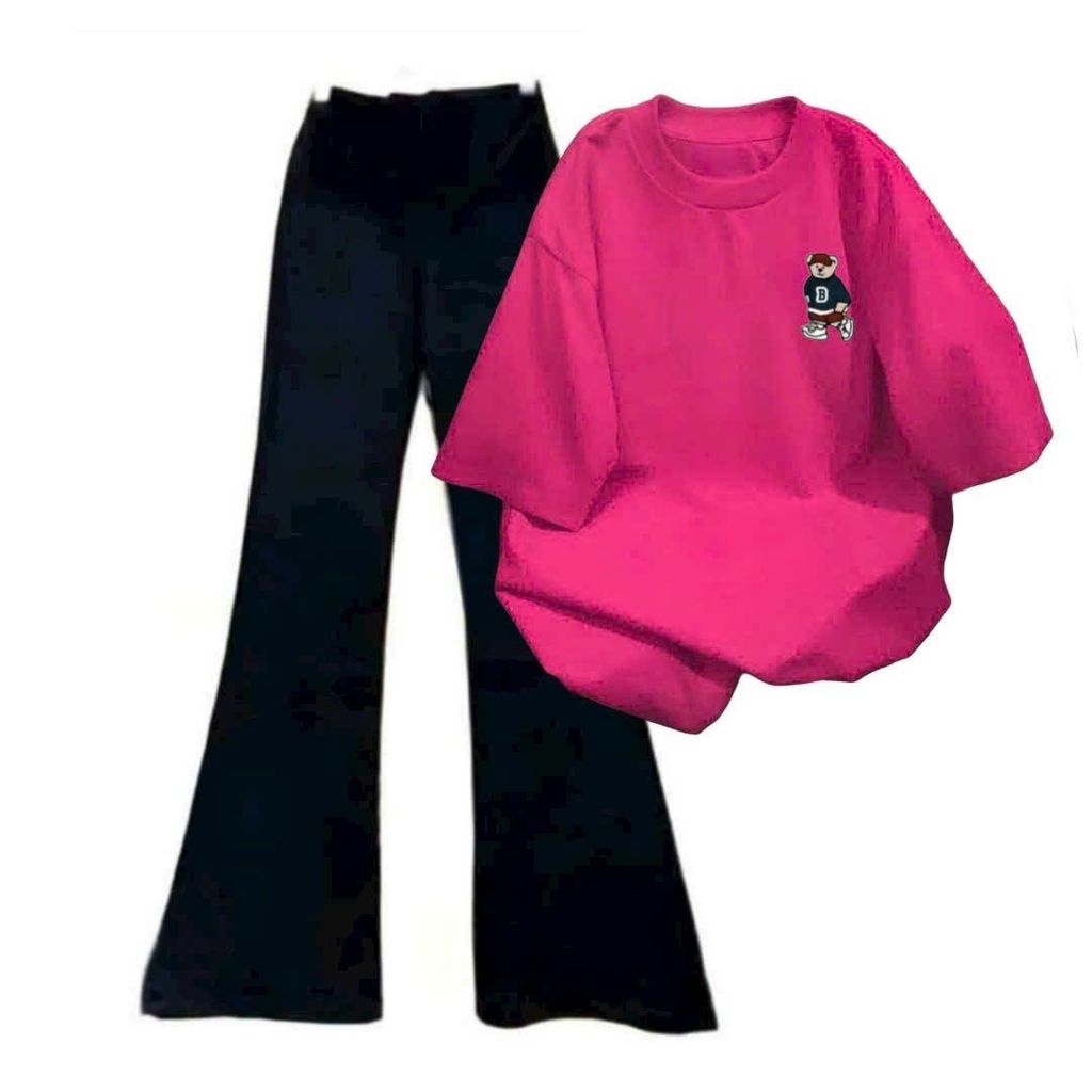 Sét bộ nữ quần ống loe + và áo phông GẤU CHỮ B form rộng unisex