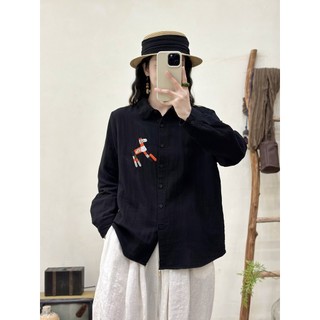 Áo sơ mi nữ cotton thêu mùa xuân, form skinny