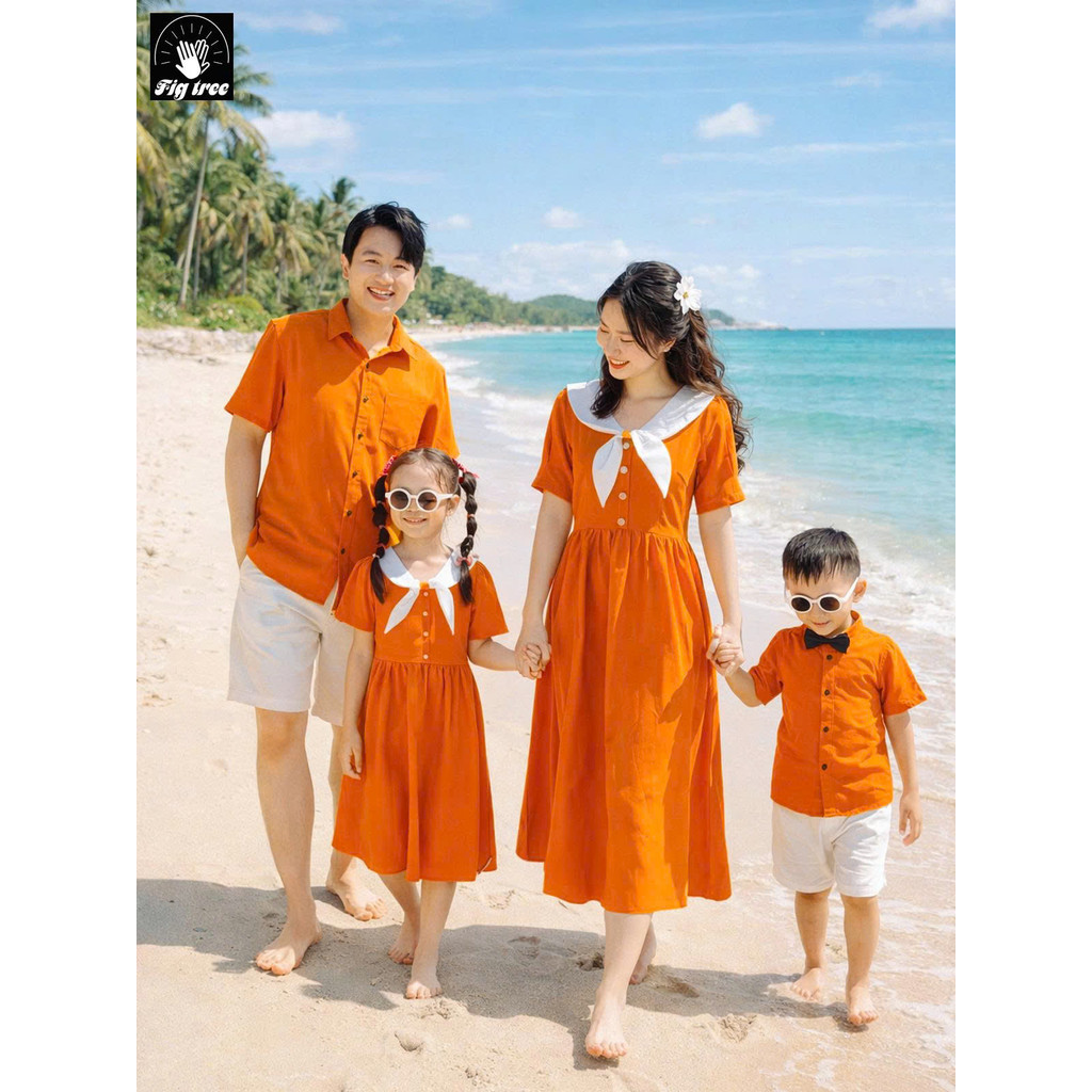 Đồng Phục Gia Đình Fig Tree Màu Cam Đũi, Áo Sơ Mi Nam Đầm Nữ Trendy Đi Biển, Du Lịch Nổi Bật