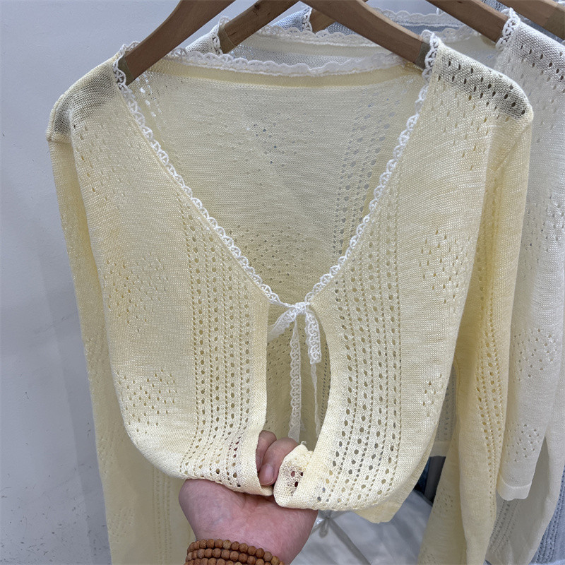 SUXI Mùa hè mới dành cho nữ màu trơn nhẹ nhàng đơn giản Áo dệt kim buộc dây đơn giản 260415