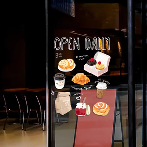 Quán Cà Phê Hoạt Hình Dễ Thương Cửa Kính Tĩnh Miếng Dán Trà Sữa Món Tráng Miệng Cửa Hàng Cửa Sổ Hiển Thị Bánh Bánh Sữa Bánh Mì Trang Trí Nhà
