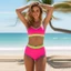 Bộ bikini thể thao nữ với áo ngực không tay, cổ chữ V màu tương phản và quần cạp cao, phù hợp cho tập luyện và nghỉ dưỡng.