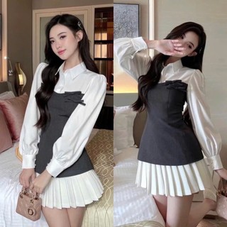 Set áo sơ mi phối tay thanh lịch cùng chân váy xếp ly cạp cao chiết eo siêu xinh Hoadanbistore