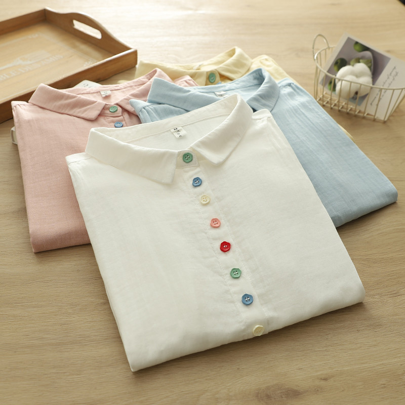 Áo sơ mi nữ tay ngắn cardigan, 100% sợi cotton chất lượng cao, nút màu biến