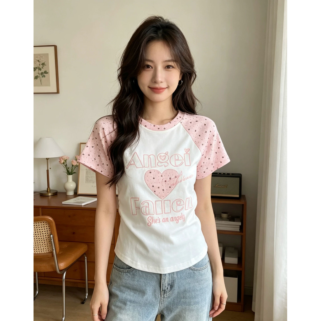 Áo Thun babytee In hình trái tim dễ thương, màu sắc tương phản style Raglan