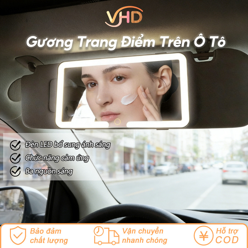Gương Trang Điểm Ô Tô LED - 3 Chế Độ Ánh Sáng, Gắn Trên Chắn Nắng, Màn Hình Cảm Ứng Tự Động