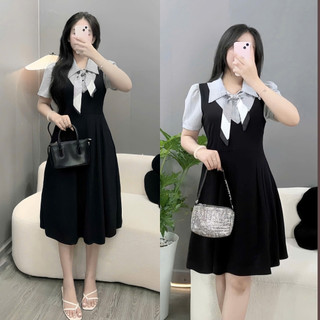 Đầm Thiết Kế Cổ Đức Bigsize Nữ Phối Khăn Lụa May Liền Dáng Váy Xòe Nhẹ Phong Cách Công Sở A690+A691