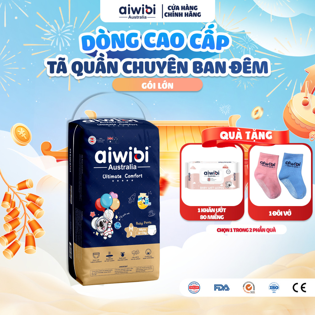 Tã/Bỉm Quần Cao Cấp Aiwibi Chuyên Ban Đêm Ultimate Comfort Gói Lớn M48/L44/XL40/XXL36
