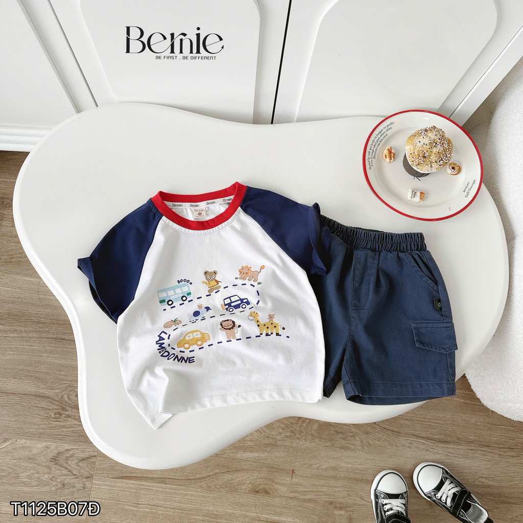 Set cộc tay in hình động vật vui nhộn Bernie áo cotton phối quần short kaki mềm mại cho bé 9-24kg