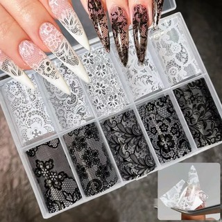 SOULSPACE Nail Sticker Lá Sọc Ren, Họa Tiết Da Báo Đen Trắng, Hiệu Ứng Sequin, Đề Can Trang Trí Móng
