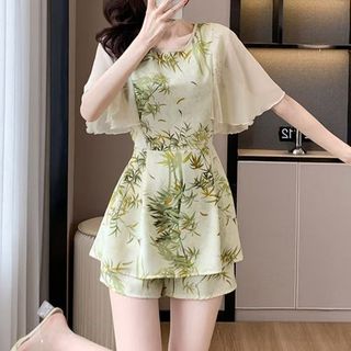 Bộ đồ nữ kiểu Trung Quốc, in họa tiết, phong cách thường ngày, mẫu mới mùa hè, áo voan che bụng và quần short hai mảnh
