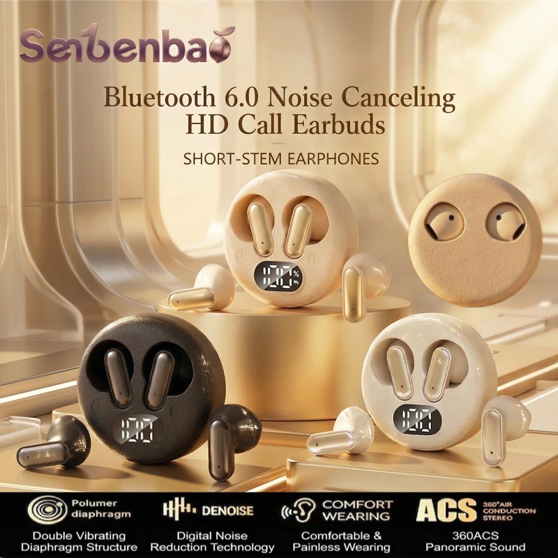 Tai nghe Bluetooth không dây Senbenbao S19 Tai nghe cầm tay ngắn Thiết kế mặt cười, Âm thanh nổi HiFi, Màn hình nguồn LED, Mic IPX5 ENC
