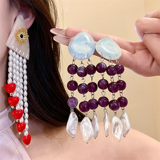 Bông tai tua rua ngọc trai nhựa phong cách retro, đơn giản và thời trang