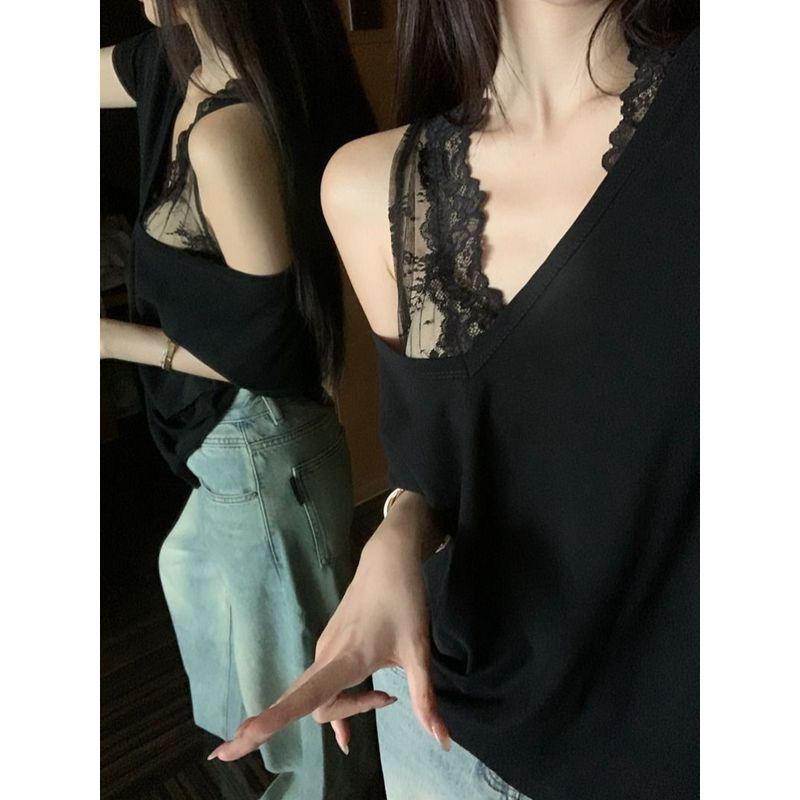 Áo Thun Nữ Mỏng Nhẹ Phong Cách Hàn Quốc, Cổ Chữ V Ngắn Tay, Ren Bên Trong, Phù Hợp Mùa Hè