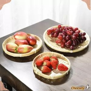 Khay tre dệt CHEESELY, Giỏ dệt thủ công phẳng 18CM, Nhà tổ chức gia đình nông tròn DIY Nhà bếp gia đình