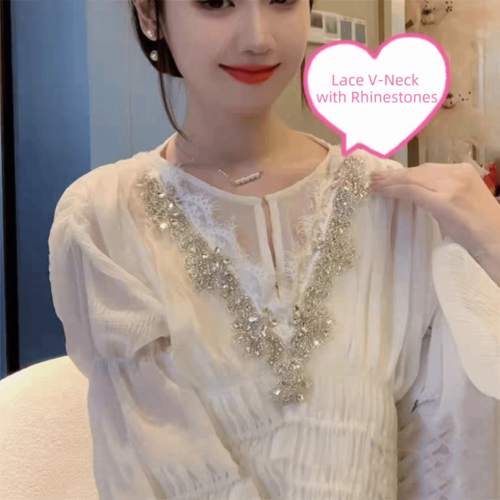 Vải trang trí cổ chữ V, miếng dán cổ áo với họa tiết thêu và đính cườm kim cương giả