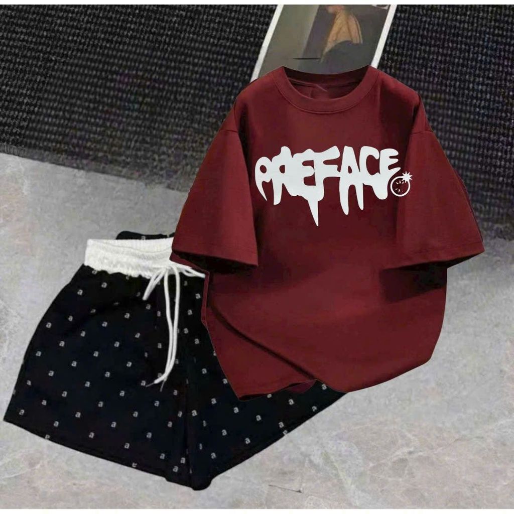 sét bộ đồ nữ quần đùi cộc cạp trắng chữ A + mix áo phông form rộng hình 3 ngôi sao    -thoitragsetbo