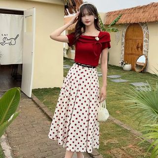 Bộ váy nữ thanh lịch phong cách Hồng Kông cổ điển, thiết kế mới mùa hè, gồm chân váy chấm bi độc đáo