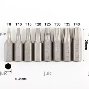 JUIC 1 Mũi điều khiển vít, T6-T40 Chiều dài 25mm Torx Bits, 1 / 4 Inch Chuôi lục giác S2 Thép hợp kim 6 điểm Bộ tuốc nơ vít đầu ngôi sao