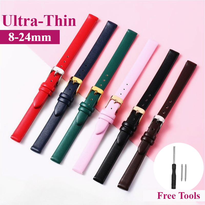 8-24mm Dây đeo đồng hồ bằng da thật mềm nhiều màu siêu mỏng Vintage Dây đeo đồng hồ đa năng chống nước cho nữ Flat Plain Họa tiết đơn giản 8 / 10 / 12 / 14 / 16 / 18 / 20 / 22mm