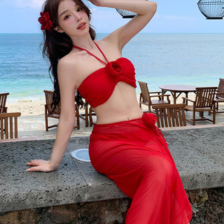 Áo tắm bikini cổ trễ màu đỏ dành cho nữ, kiểu váy bikini gợi cảm, xẻ tà, thích hợp cho mùa xuân nóng bỏng.