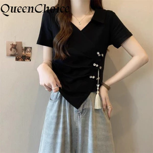 Áo sơ mi nữ cổ chữ V tay ngắn màu đen, phong cách retro, phù hợp cho dịp Tết Nguyên Đán