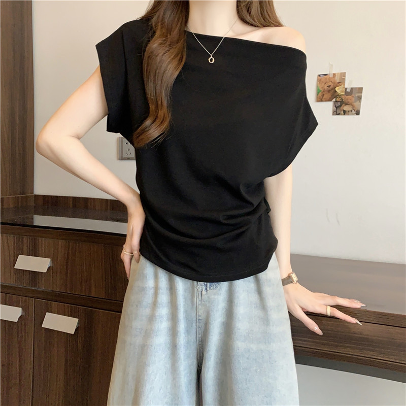 SUXI Áo thun lệch vai màu sắc đơn giản, phù hợp nữ mùa hè 260410