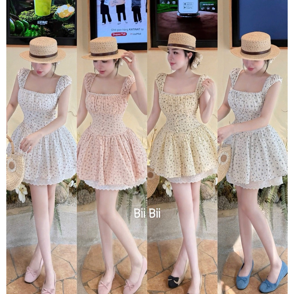 Đầm xô thêu hoa nhún cổ vuông xoè  BYJOLIE
