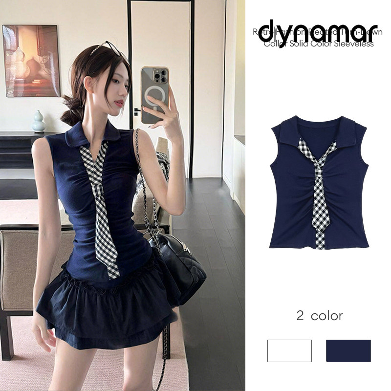 【dynamar】Áo vest không tay dáng ôm, cổ bẻ xếp ly, màu trơn, kiểu dáng retro, phối cùng cà vạt kẻ caro.