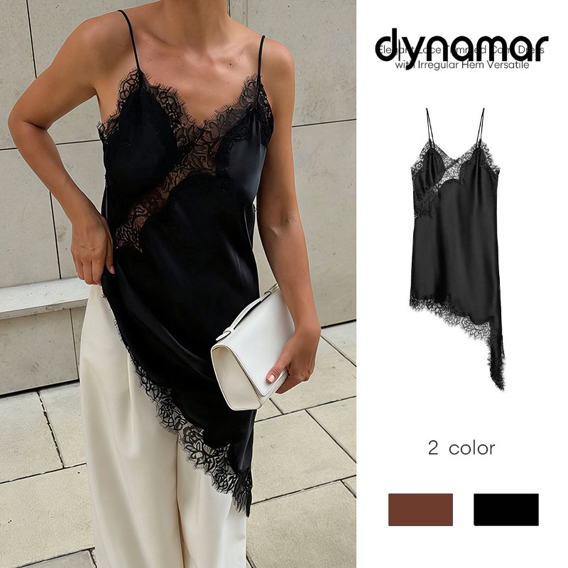 【dynamar】Đầm hai dây ren thanh lịch, đa năng với đường viền không đều, kiểu dáng dài thời trang.