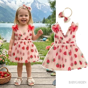 Bộ trang phục bé gái sơ sinh không tay cổ chữ V lấp lánh Váy vải tuyn in hình dâu tây và băng đô nơ