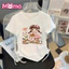 Áo ngắn tay cổ tròn mỏng vừa vặn in họa tiết hoạt hình cho bé gái với thiết kế dây rút có gân