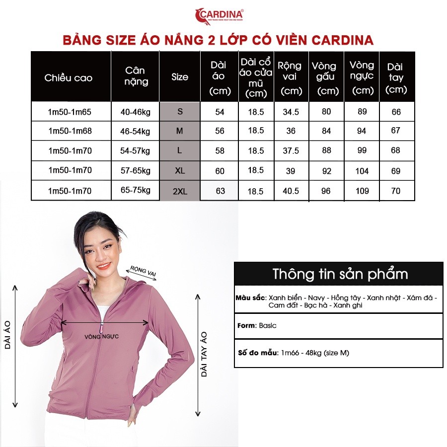 Áo Chống Nắng Nữ 𝐂𝐀𝐑𝐃𝐈𝐍𝐀 2 Lớp Chất Thun Lạnh Nhật Cao Cấp Viền Thể Thao Chống Tia UV 2NF02