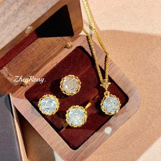 Trang sức hình bát giác hoa hồng cắt màu xanh zircon, phong cách châu Âu hiện đại, phù hợp cho nữ