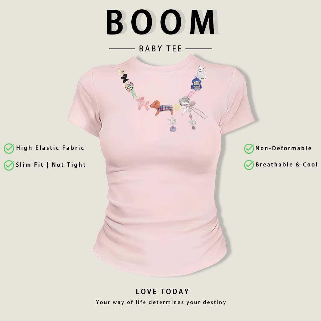 BOOM Áo Baby Tee Nữ Cotton Ôm Body-Áo Thun Ngắn Tay Y2K In Hình PhongCách Mùa Hè, Cổ Tròn Hàng Đầucách hàn quốc phongW25