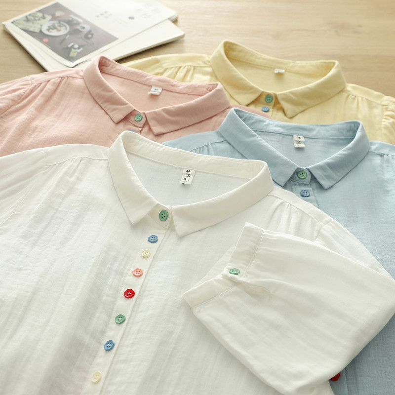 Áo sơ mi nữ tay ngắn cardigan, 100% sợi cotton chất lượng cao, nút màu biến