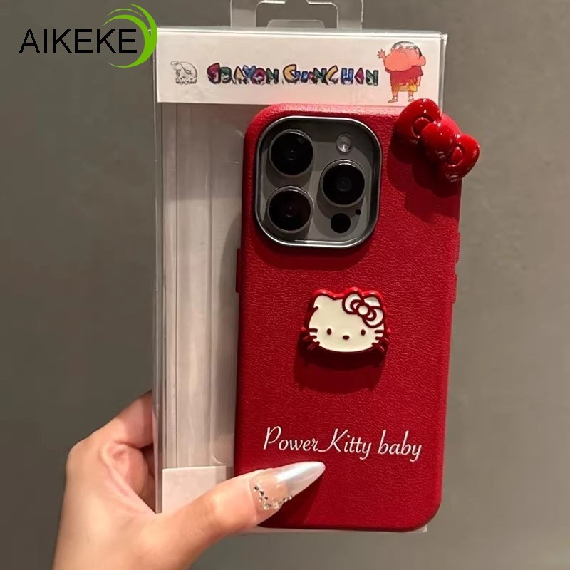 Ốp Điện Thoại Da PU Màu Đỏ Năm Mới Cho Xiaomi 17 15T 15 14T Pro Max Poco C85 C85X C71 5G 4G Vỏ Nơ Kitty 3D Dễ Thương Vỏ Mềm Chống Sốc