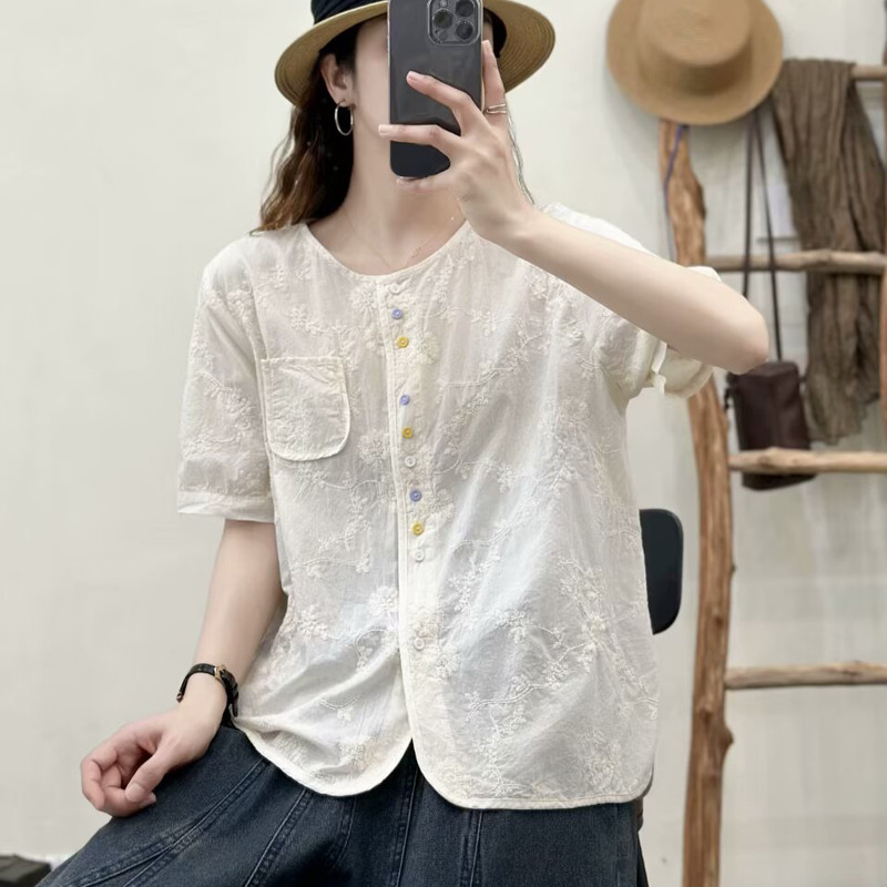 Áo sơ mi nữ cotton phong cách nước ngoài, màu nút sang trọng