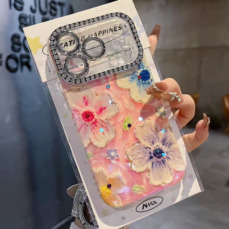Ốp lưng cứng hình ống kính lấp lánh / Tranh sơn dầu hoa tương thích cho iPhone 13 14 pro max 15 pro max 16 pro max 17 Pro max