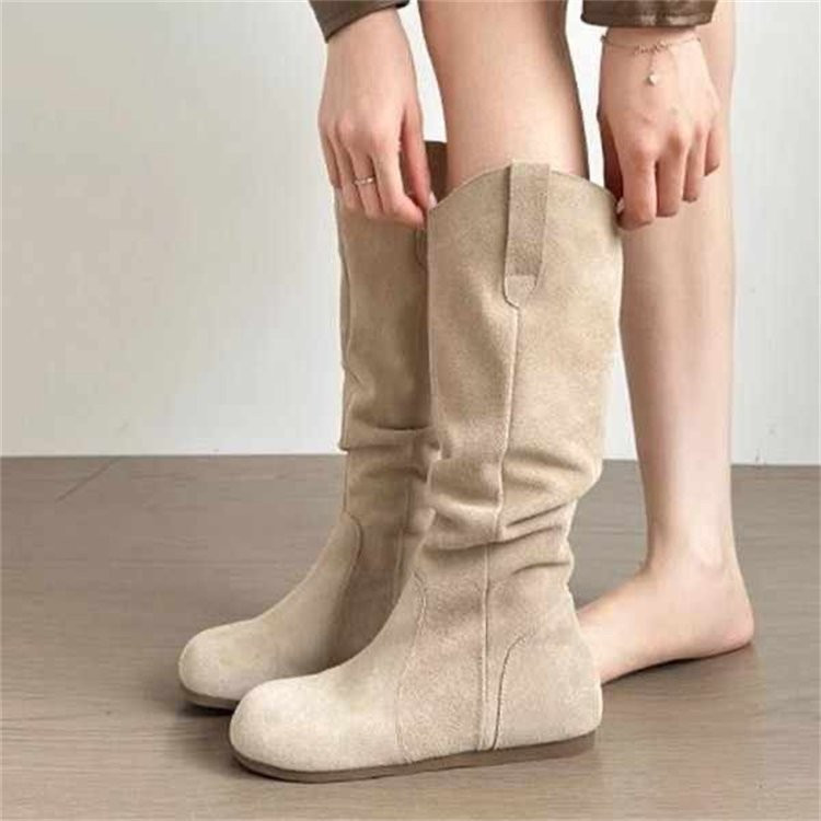 Mùa Thu Đông Da Lộn Retro Mũi Tròn Tay Dày Ống Cao Thời Trang Giày Bốt Thời Trang Thoải Mái Thường Ngày Mặc Ngoài Trời Chống Trơn Trượt Chống Mài Mòn Không Đầu Gối