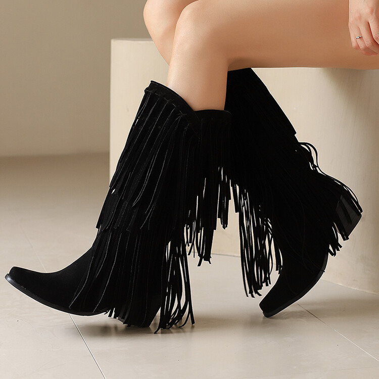 VNAYYYNX34-39 Size Da Lộn Tua Rua Tây Giày Cao Bồi V-Mouth Khối Gót Tay Áo Sàn Catwalk Thời Trang Giả Mẹ Cao Không Thể Đầu Gối